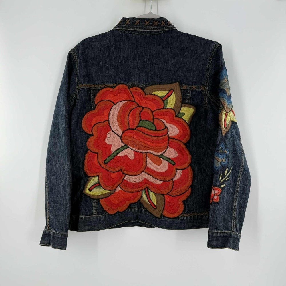 Chico's Denim Festival Jean Jacket Huge Embroidered Rose SZ 1 TBT